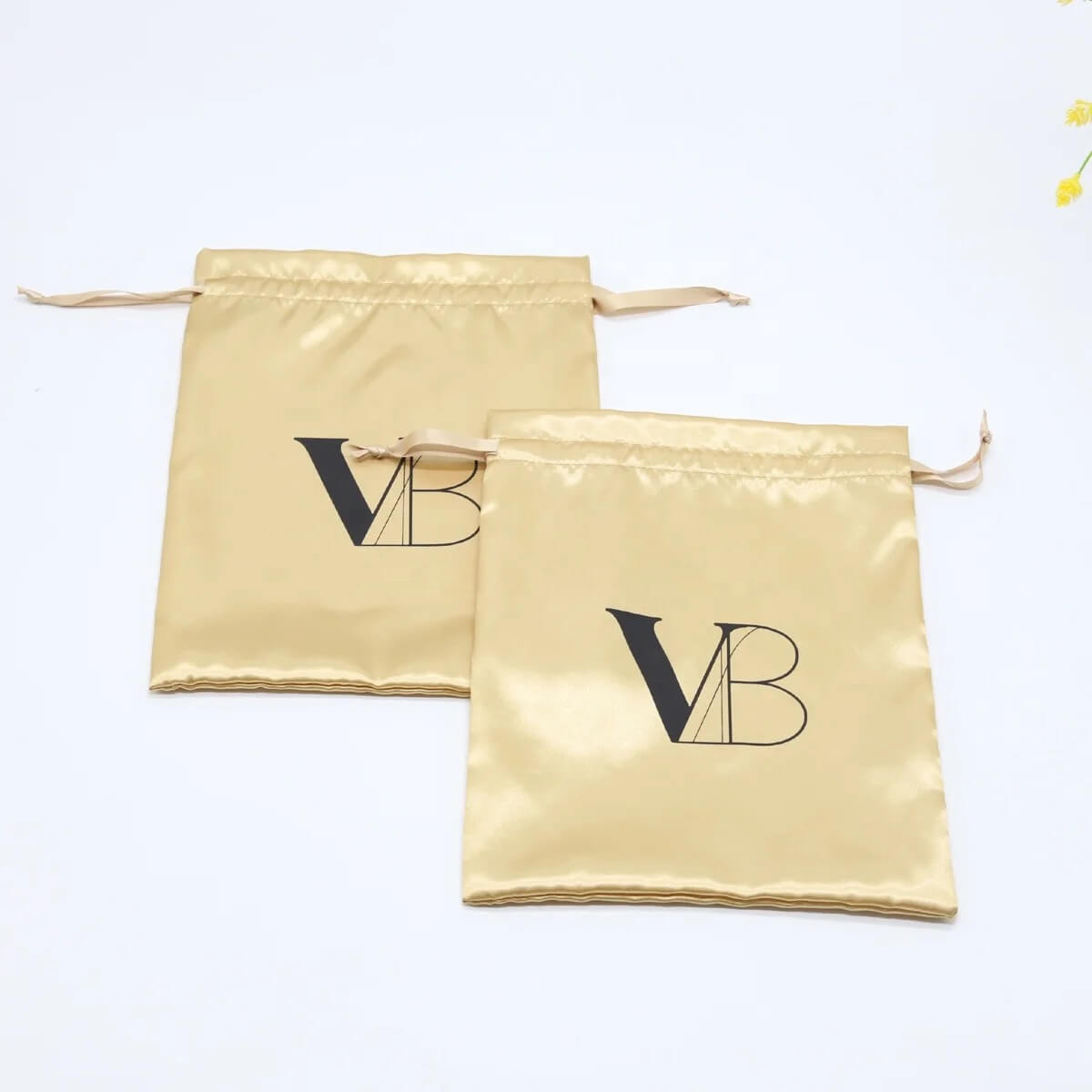 Luxury Gold Logo Printing Satin Shoe Underwear Swimsuit Packaging Drawstring Pouch Hair Bundle Promotion Dust Satin Shopping Bag