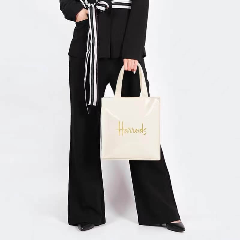 Custom high quality logos pvc shopping bags reusable bag tote fashion leather pvc plastic tote bag