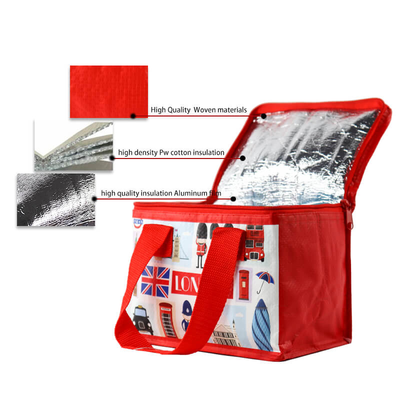 Custom laminated pp woven tote bag new recycle food delivery double decker insulated large tote lunch cooler bag